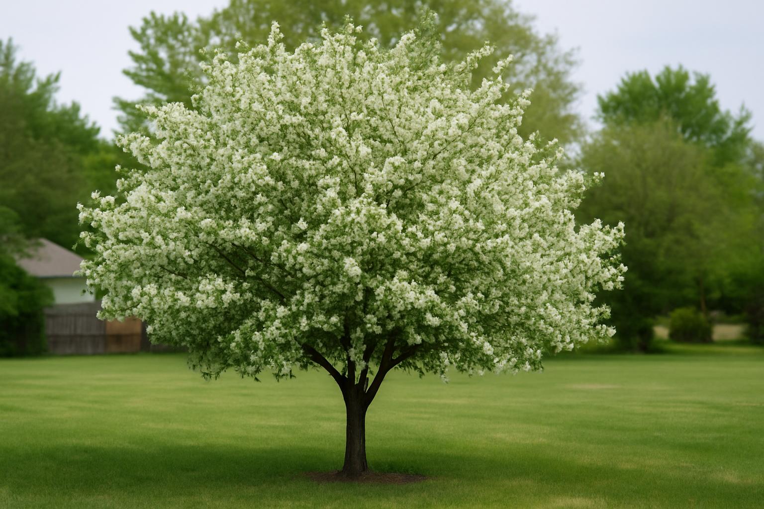 Virágzó kínai díszkörte (Pyrus calleryana) kerti környezetben